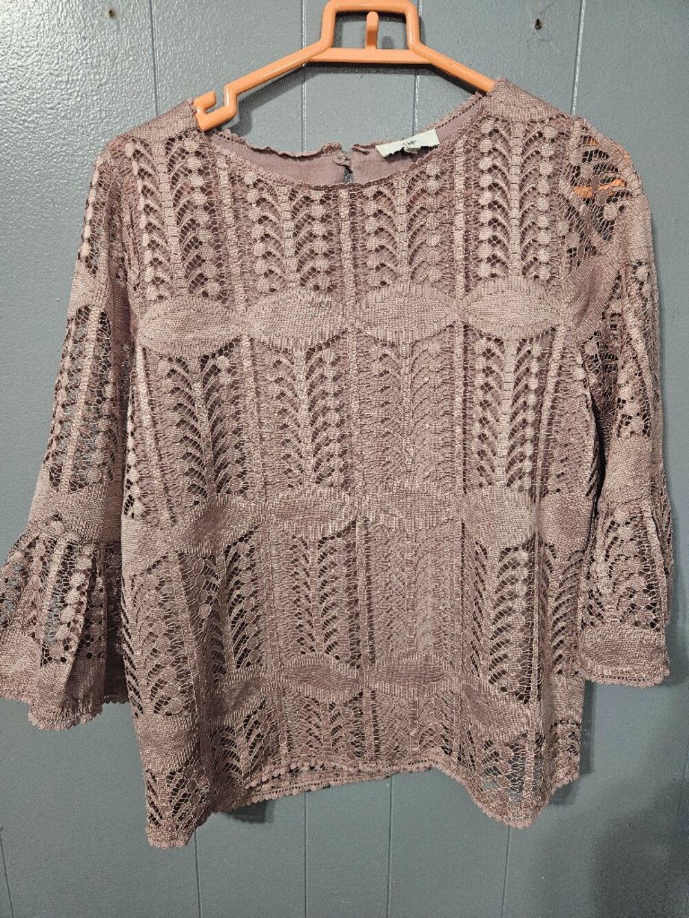 Mauve Crochet Lace Bell Sleeve Boho Blouse Size S